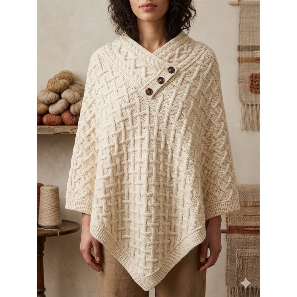 NWT Nua Aran Crafts Irish Merino Wool Poncho Cream Cable Knit Button Cape M/L